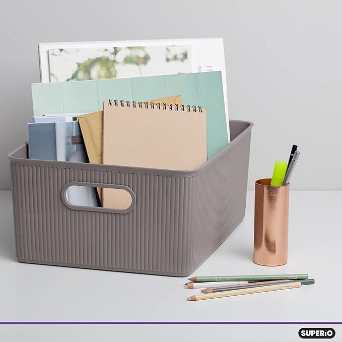 Superio Ribbed Collection - Decorative Plastic Basket Open Home Storage Bins Organizer, Large Taupe (1 Pack) Container Boxes for Organizing Closet Storage Bins for Shelves 15 Liter/16 Quart