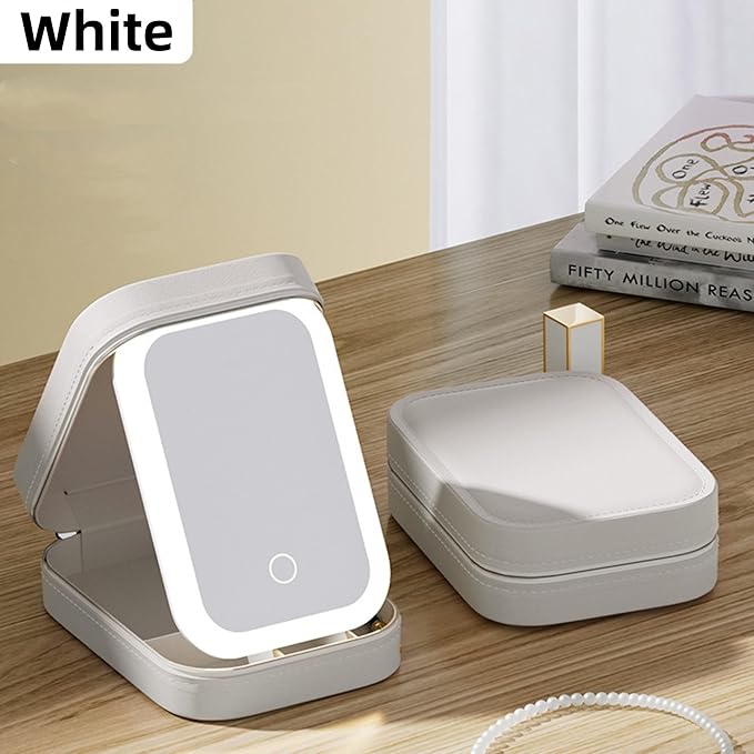 CRIVERY LED Three-Color Adjustable Makeup Mirror, Travel Portable Rechargeable Makeup Organizer with Led Lights, Waterproof Vanity Mirror Jewelry Box with Zipper, Multi-Compartment Storage (White)