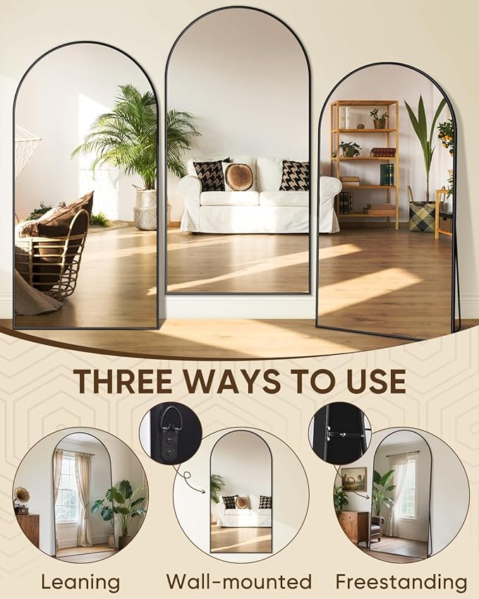 Antok Full Length Mirror, 46"x86" Floor Mirror with Stand, Hanging Mounted Mirrors for Bedroom, Living Room, Cloakroom, Dining Room, Black, Arched