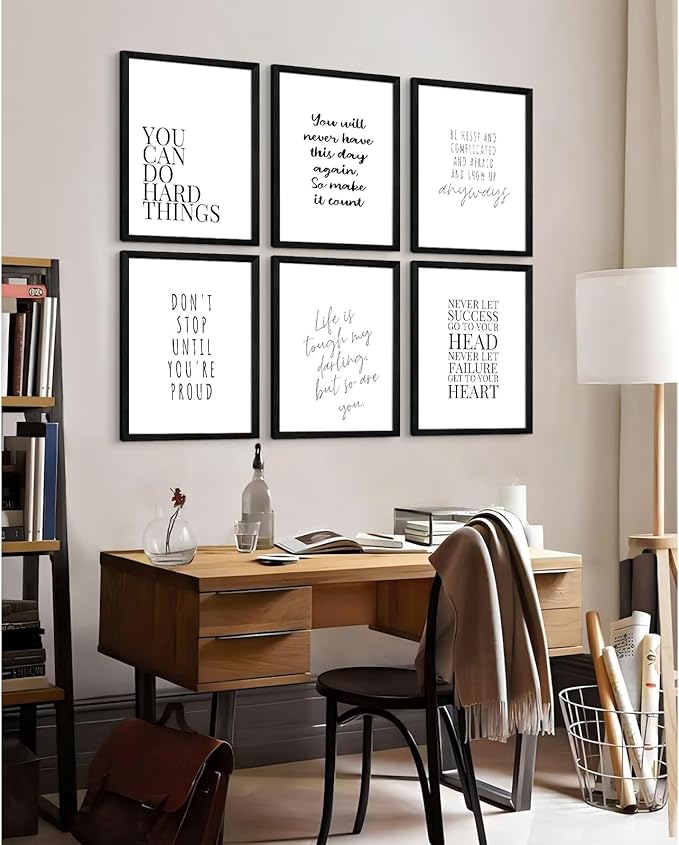 Office Inspirational Wall Art Decor Motivational Quotes Canvas Wall Art Positive Classroom Posters Pictures Office Inspirational Work Artwork for Women Home Bedroom 12x16 Inch Wood Framed Set of 6