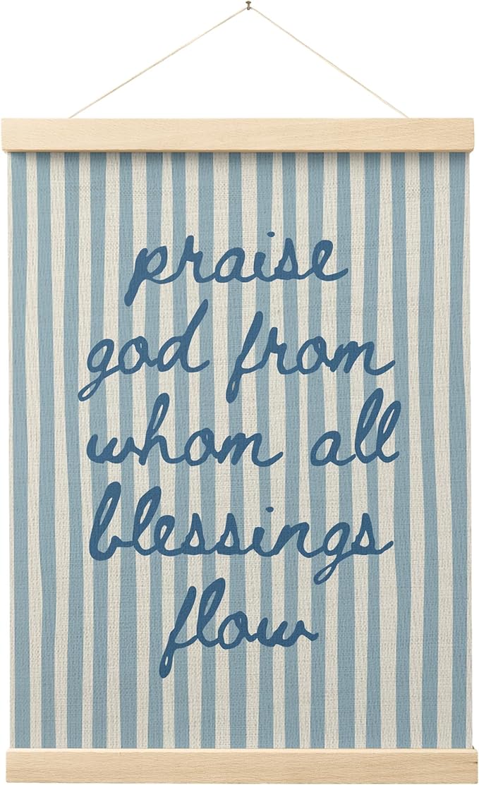 FGFK Trendy Blue Christian Wall Art Poster Hanger Frame, Trendy Striped Praise God From Whom All Blessing Flow Bible Verse Scripture Canvas Prints Framed Wall Decor for Room Home Dorm, 12x16 Inch