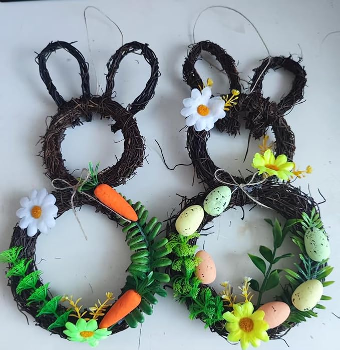 Berfutall-Easter Bunny Basket Decoration with Flowers, Spring Decor with Pastel Eggs(2D)