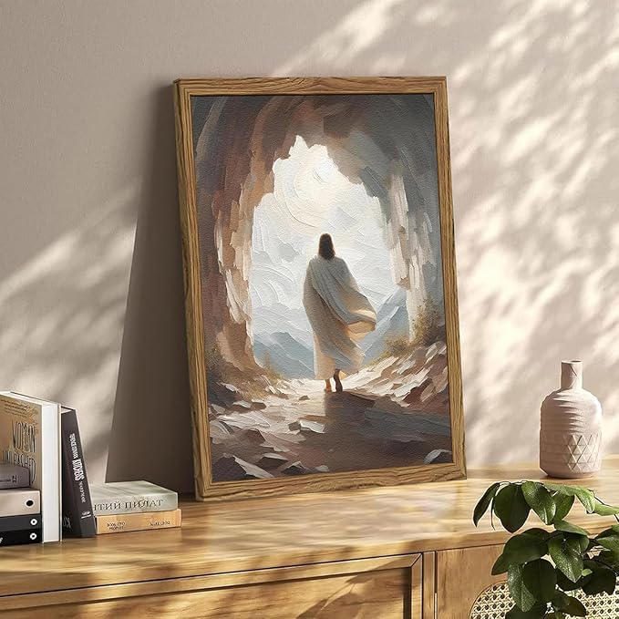 Jesus Leaves the Tomb Wall Art Easter Christian Wall Decor Painting Jesus Resurrection Artwork Religious 3D Textured Hand Drawn Sandstone for Bedroom Living Prayer Room 16x24 inch Wood Framed