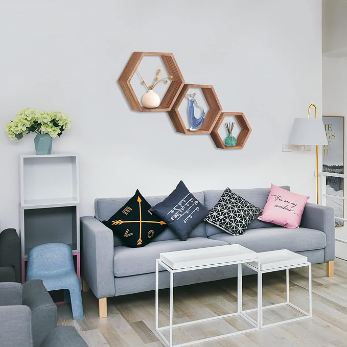 PHOENANCEE Hexagon Floating Shelves,Honeycomb Shelf,Wall Mounted Rustic Wood Octagon Hanging Storage Shelves Set of 3 for Living Room Bedroom Bathroom Office Hexagonal Decor(Carbonized Black)