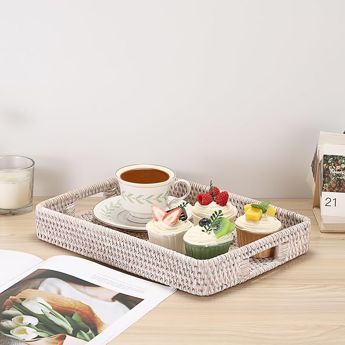 Hipiwe Rattan Serving Tray with Handles Handwoven Basket Tray for Storage Breakfast Dessert Fruit Decorative Tray for Coffee Table, Whitewash