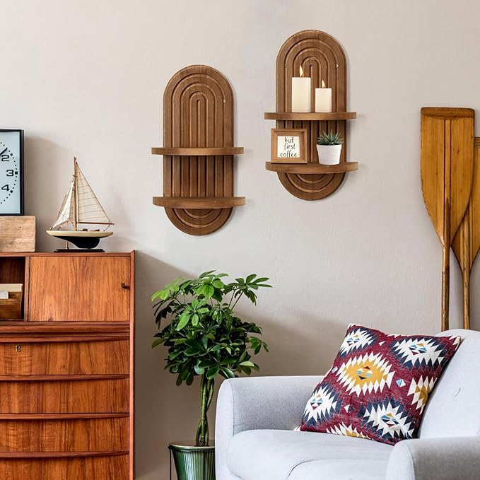 SHOHAYTO Boho Wall Shelves Set of 2 - Rainbow Arch Floating Shelves for Bedroom, Wooden Wall Shelf with Double Layer Design, Mid Century Modern Decor for Nursery, Living Room & Office