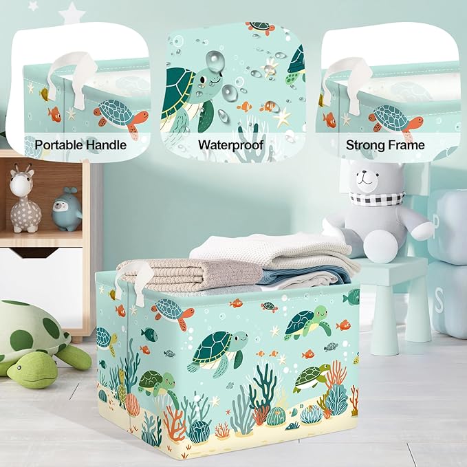 Sea Animals Laundry Hamper Ocean Fish Coral Large Storage Basket Parents Organizer Kids Clothes Toy Bins for Bedroom, Bathroom, Green Turtles, 36L