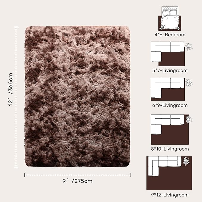 9x12 Area Rugs for Living Room Brown Fluffy Fur Bedroom Rug,Rustic Plush Non-Slip Dark Carpet for Book Room Office,Coffee Stain Resistant