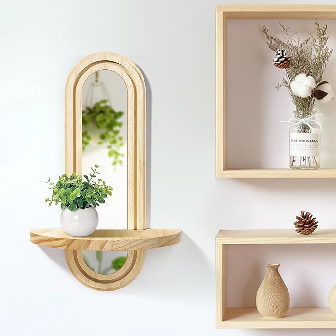 Wooden Wall Floating Shelves, 2PC Boho Arched Wall Shelf,Decorative Mounted Display Shelf with Acrylic Frameless Mirror, Nature Wood Shelves for Home Holding Planter Decoration