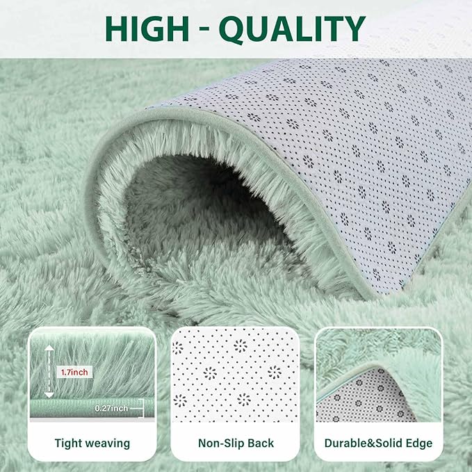 FinRèc Light Green Rug for Bedroom Living Room, 4x6 Feet Fuzzy Shaggy Area Rug, Non-Slip Fluffy Furry Rugs for Kids Room Dorm Room Home Decor, Indoor Plush Floor Carpet