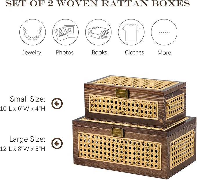 2PCS Rattan Storage Boxes Decorative Handmade Natural Wood Baskets with Lid Wooden Frame Boho Rustic Wicker Box Woven Cane Bins Shelf Closet Organizer Container (Walnut, 1 Large 1 Small)