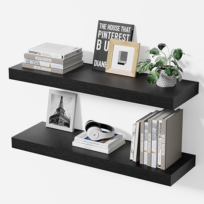 Floating Shelves for Wall, 24" Wall Mounted Shelves, Industrial Minimal Decor & Storage for Bathroom, Home Office, Living Room, Study, with Invisible Brackets, Set of 2, Black