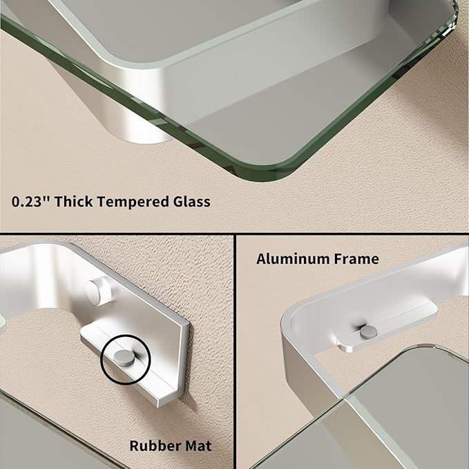 Danpoo 8-Inch Small Wall Shelf, Clear Tempered Glass with Matte Silver Aluminum Frame – Sleek Floating Bathroom Organizer