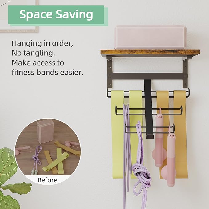 TJ.MOREE Resistance Rack Band Storage Hanger with Shelf Gym Equipment Organizer, Storage Rack for Home Gym, Brown