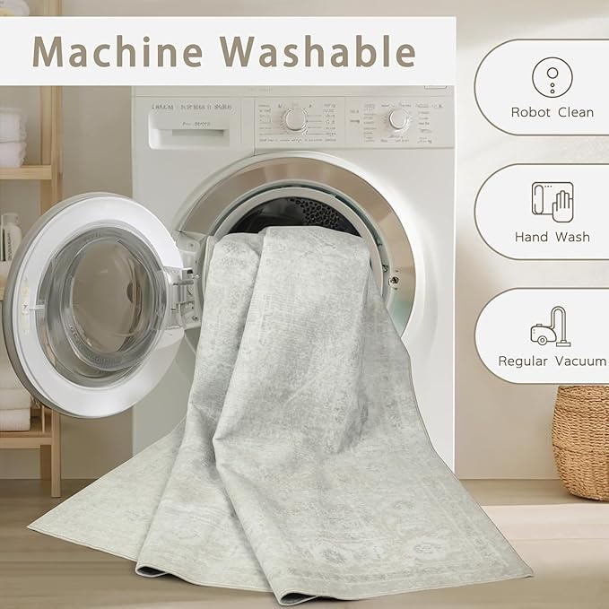 Srugn Washable Rugs 6x9 Area Rugs for Living Room,Bedroom,Large Carpets,Ultra Soft Faux Wool Retro Dining Room Rug,Non Slip&Non-Shedding Low Pile Vintage Rugs for Home Office,Concrete Grey