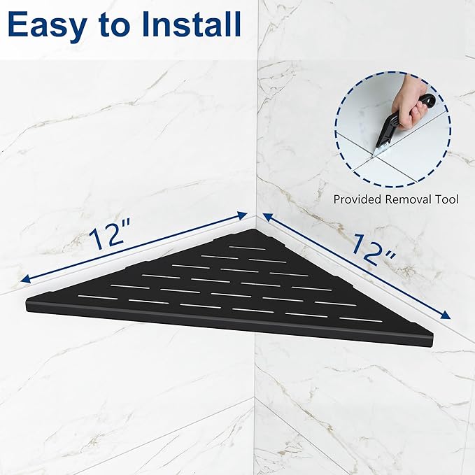 Qeke Corner Shower Shelves, 12” Recessed Tile Shower Shelf, 304 Stainless Steel Grout in Corner Tile Shower Shelves, No Drilling, Matte Black, 2 Pack