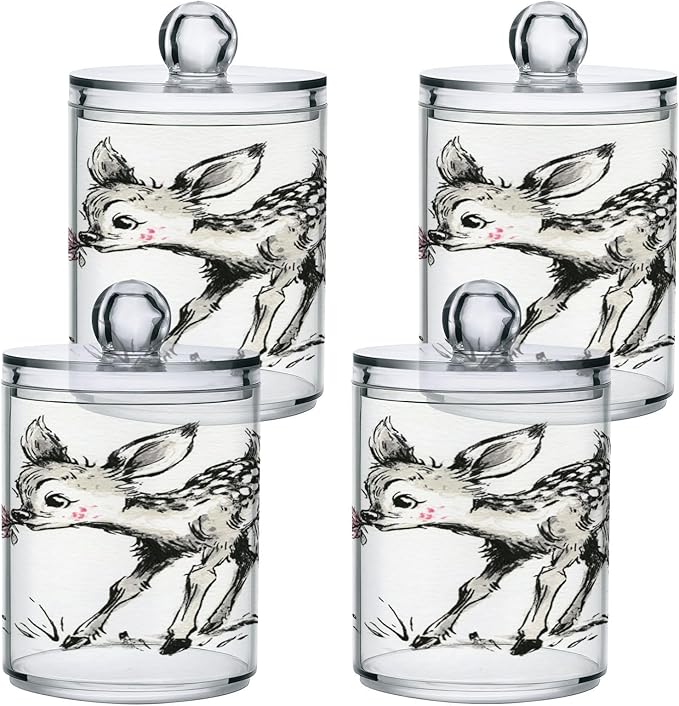 2 Pack Apothecary Jars,Fawn Holding Blossom Bathroom Vanity Storage Organizer Set,Small Clear Plastic Storage Jars Bathroom Canister for Cotton Swabs,Rounds,Balls,Qtips,Makeup Sponges