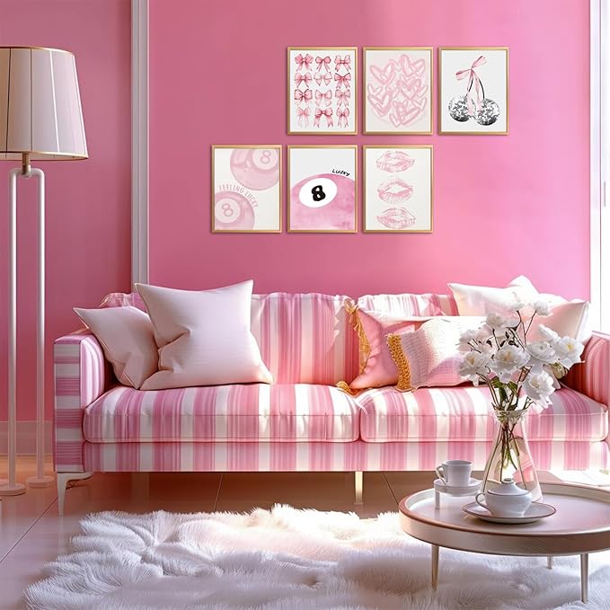 Cute Pink Girl Poster Set of 6, Light Pink Coquette Wall Art Trendy Lucky 8 Ball Wall Decor Paintings Pastel College Apartment Bedroom Living Room Dorm 8x10 inch Unframed