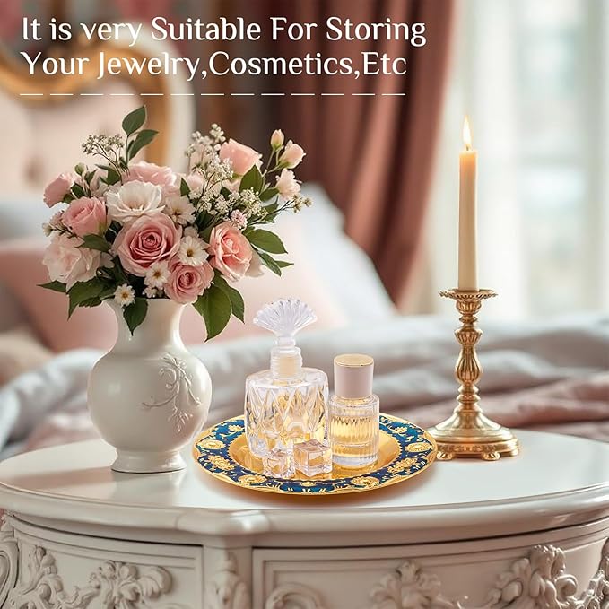 1pcs Golden Serving Tray for Party 4.8" Vintage Round Decorative Plate Tray Jewelry Makeup Organizer Dishes Bathroom Vanity Tray for Gift Wedding Coffee Table Dessert Christmas 20 cm (Blue)