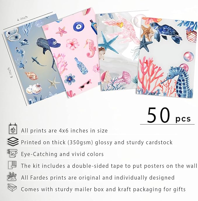 KBKBART Coastal Granddaughter Room Decor, Pink and Blue Wall Collage Kits, 50 Pcs 4x6 Inch Beachy Aesthetic Wall Art Prints Posters, Coastal Cowgirl Room Dorm Wall Decor for Teen Girls