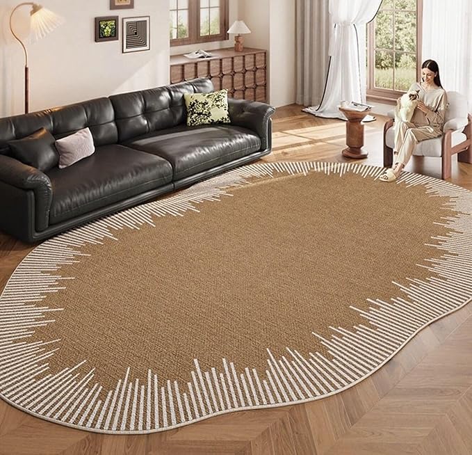 Machine Washable Irregular Area Rug Brown White Stripes Abstract Shaped Rug for Living Room Bedroom Diningroom Non Slip Large Carpet Minimalist Boho Meetingroom Home Office Foldable Floor Mats 3x5