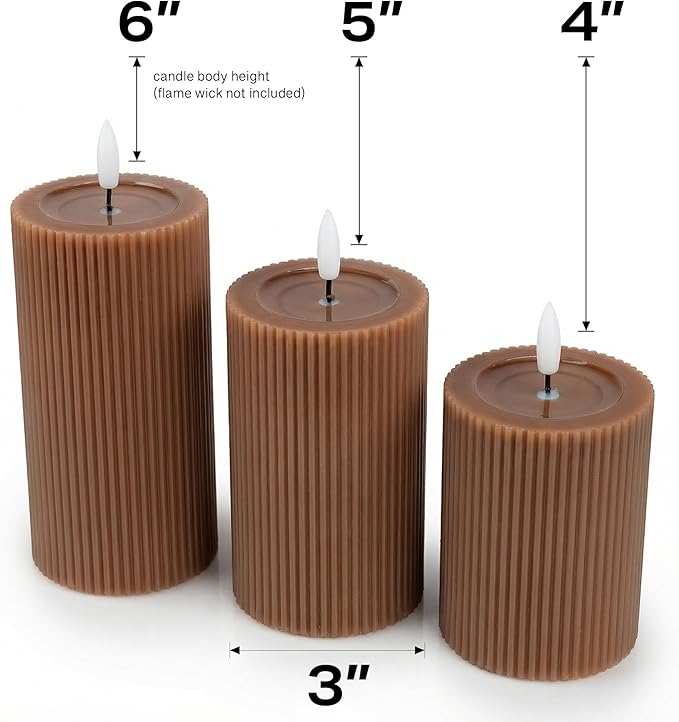Fluted Ribbed LED Pillar Candles, Brown, with Reflective Melted-Wax Effect – Flickering Flame, Remote, Dimmable, Flameless, Battery Operated, Home & Wedding Decor (Set of 3)