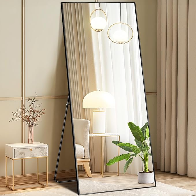 DUMOS 26"x68" Full Length Mirror with Stand, Floor Standing Aluminum Frame, Shatter-Proof Nano Glass for Bedroom, Living Room, Cloakroom – Modern Simple Home Decor,Can Be Hanging or Leaning, Black