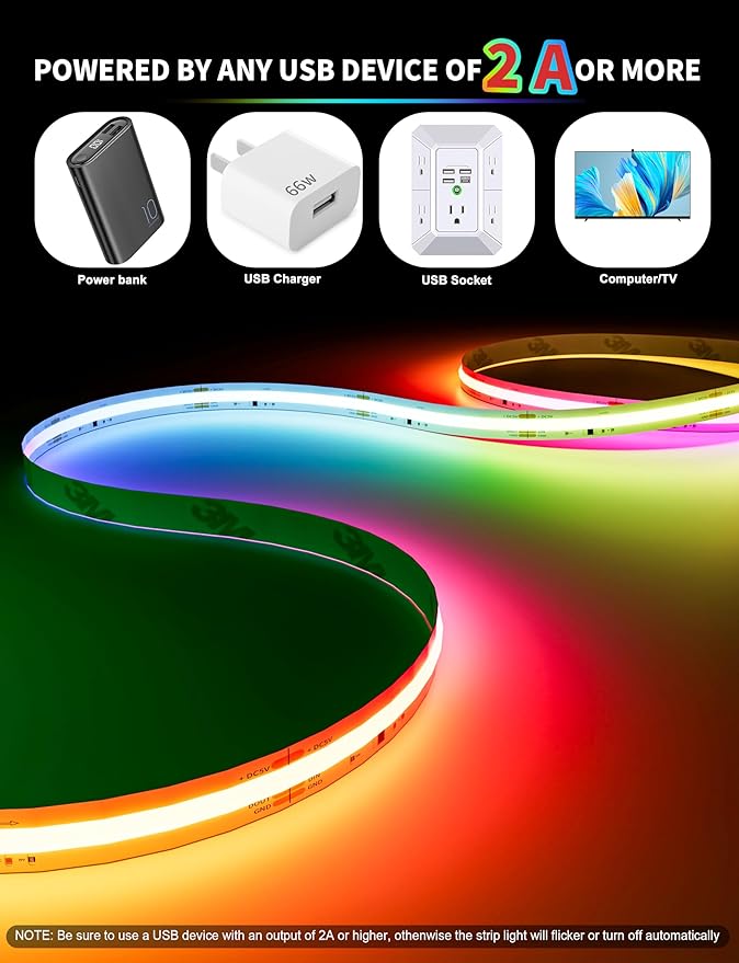 PAUTIX RGB Smart IC COB LED Strip Light 5V USB,Color Chasing UL-Listed Multicolor Flexible Tape LED Strip Light 9.84ft/3m Compatible with Alexa/Google Assistant,for TV,Desk,Monitor DIY Decoration