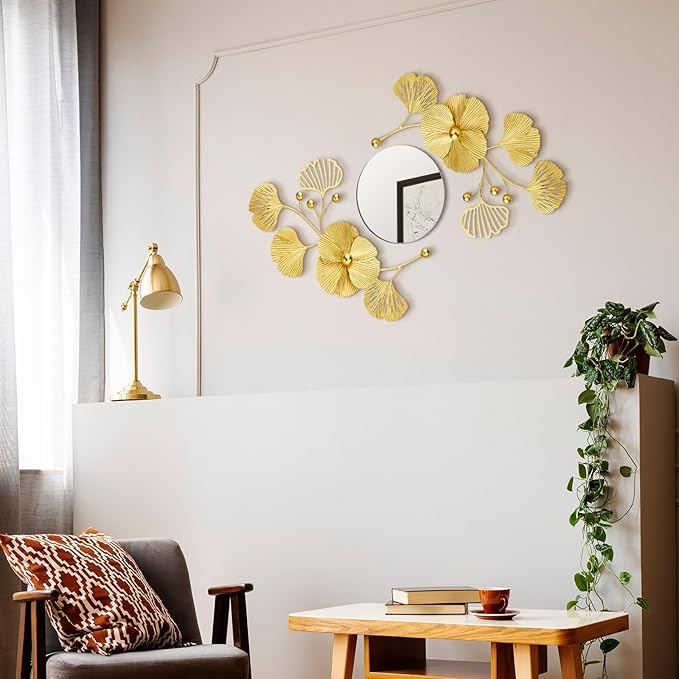 Tandefio 3 Pcs Metal Decorative Wall Mirrors for Living Room Metal Ginkgo Leaf Mirror Modern Creative Wall Decor Art Hanging Decor Mirror for Entrance Bedroom Living Room(Gold,16.inches)
