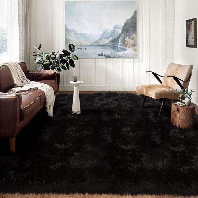Latepis Black Faux Fur 8'10"x11'10" Area Rug, Soft Plush Faux Fur Sheepskin Rugs for Living Room, Washable Fluffy Fuzzy Rug for Bedroom and Living Room, Luxury Room Decor, Rectangle