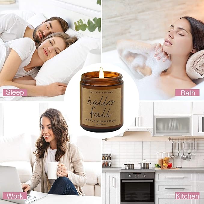 Fall Decorations for Home - Fall Candles, Gifts for Women, Natural Soy Wax Apple Cinnamon Scented Candles