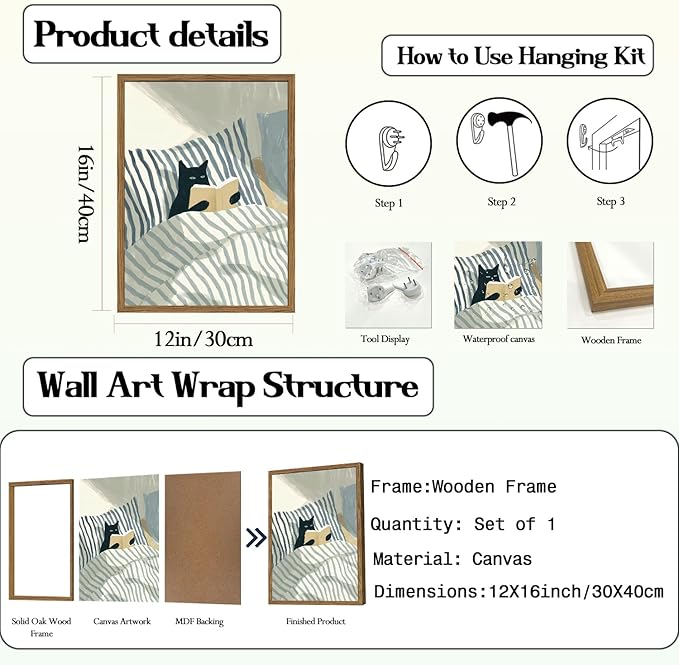 Funny Black Cat Wall Art Painting, Whimsical Cat in Stripe Bed Reading Wall Decor, Cute Animal Book Lover Blue and White Poster Canvas Prints for Bedroom Living Room 12x16 inch Wood Framed