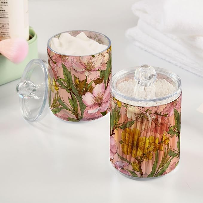2 Pack Apothecary Jars Elegant Pink Yellow Floral Bathroom Vanity Storage Organizer Set,Small Clear Plastic Storage Jars Bathroom Canister for Cotton Swabs, Rounds, Balls, Qtips,Makeup Sponges,