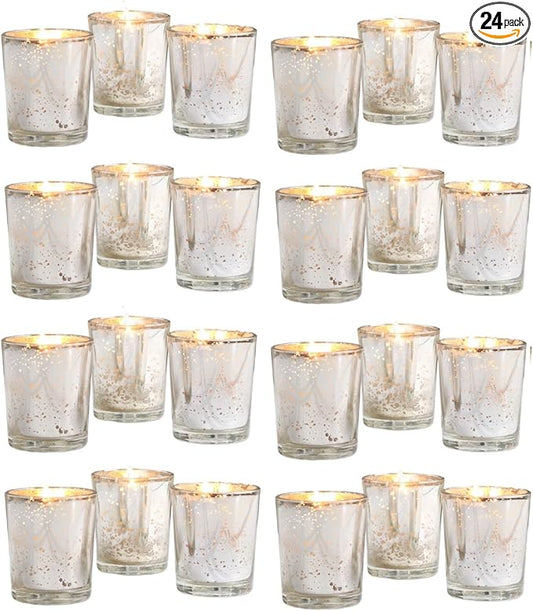 Hosley Set of 24 Silver Mercury Filled Glass Votive Candles. Ideal Gift for Weddings, Bridal Showers, Parties, Home Decor, and Special Events