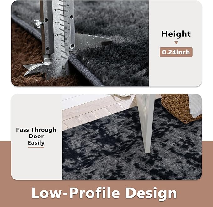 FinRèc 5x7 Washable Area Rugs for Bedroom Living Room, Low Pile Thin Ultra Soft Shag Rug, Non-Slip Carpet Indoor for Home Decor (Tie-dye Dark Grey)