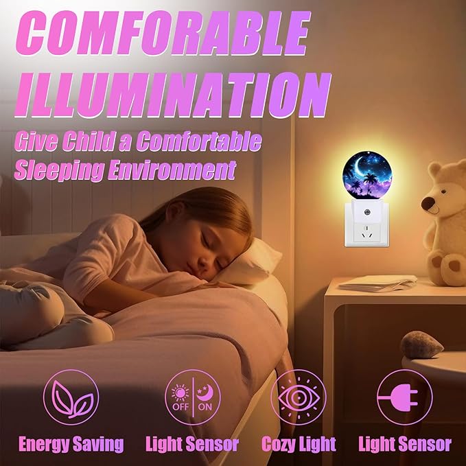 Palm Tree Night Light Purple Blue Night Moon Night Lights LED Lamp Round Plug into Wall Nightlight with Dusk to Dawn Sensor Home Hallway Stairway Kitchen Decor