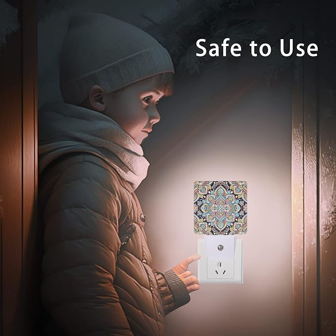 Mandala Floral Night Lights Plug into Wall Ethnic Mandala Night Light 0.5W Sleep Friendly for Boys Girls Led Night Light Dusk to Dawn Sensor Nightlight for Stairway/Hallway/Kitchen
