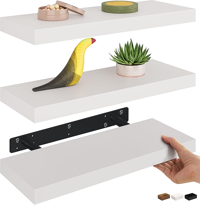 Ballucci Floating Shelves, 16" Wood Wall Shelf Set of 3, Invisible Brackets Floating Shelf for Wall Decor Living Room, Bathroom, Bedroom, Kitchen, 6" Depth, White