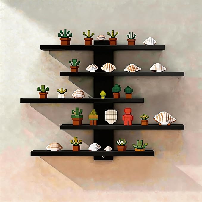 No Drill Floating Shelf for Wall, 5-Tier Wall Mounted Organizer, Damage-Free Display Shelf for Collectibles, Figures, Bathroom Kitchen Storage, Black