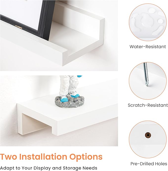 RICHFOCUS Picture Ledge Shelf, 55 inch Floating Shelves Set of 2, Wood Wall Shelves with Lip, Wall Decor Storage for Bedroom Living Room Bathroom Kitchen Nursery Photo Picture, White
