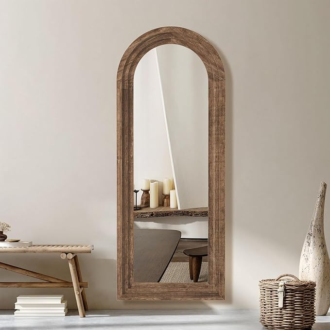 CASSILANDO Arched Full Length Mirror with Solid Wood Frame 65x24 Inch Wall Mounted Floor Mirror, Vertical Hanging Leaning Standing Mirror for Living Room, Bedroom, Entryway, Brown