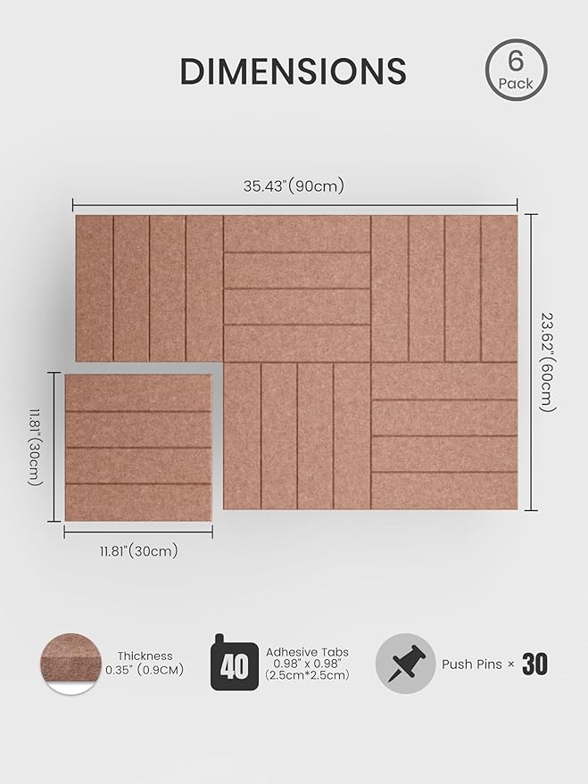 Bumusty Large Cork Board Alternative-36 x 24" Felt Bulletin Board Tiles, with 30 Pushpins, 40 Adhesive Tabs, Bold-Stripe 6-Pack, Cork Boards for Office Push Pin Board Felt Board-Terracotta