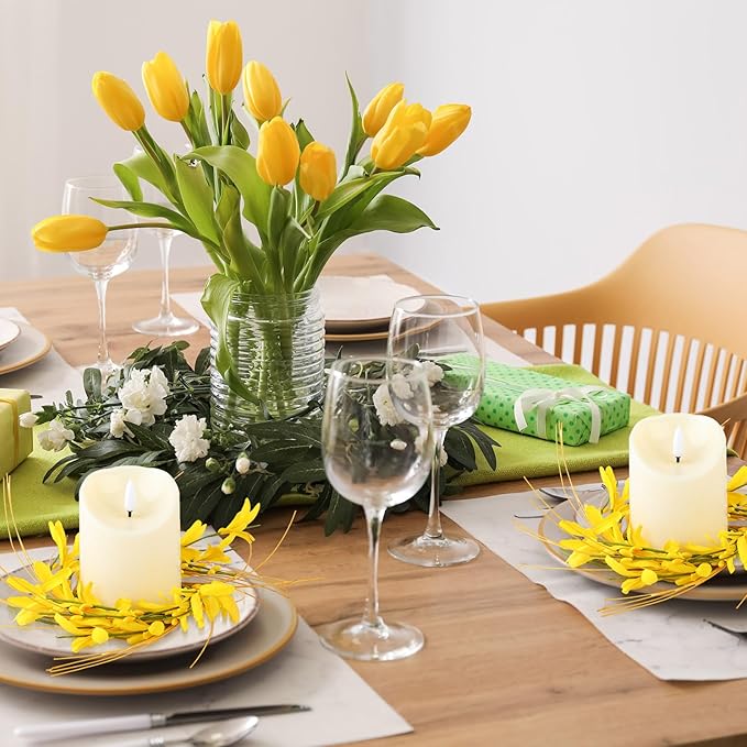Daifunli 2 Pcs Spring Forsythia Candle Rings Artificial Forsythia Farmhouse Wreaths for Pillar 3.9 Inch Candles Holder for Spring Summer Rustic Table Centerpiece Decor