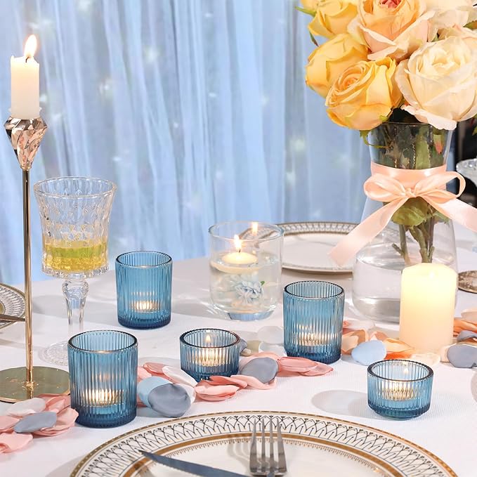 NITIME 10pcs Ribbed Blue Votive Candle Holders, Assorted Tea Light Candle Holder Glass, Blue Candle Holders for Table Centerpiece, Wedding Table Settings and Party Decorations