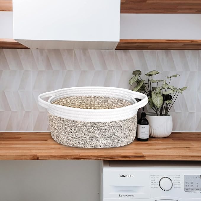 ABenkle Small Woven Basket, 12" x 8" x 5" - Cute Storage Basket with Handles for Room, Cat & Dog Toys, Gift Box