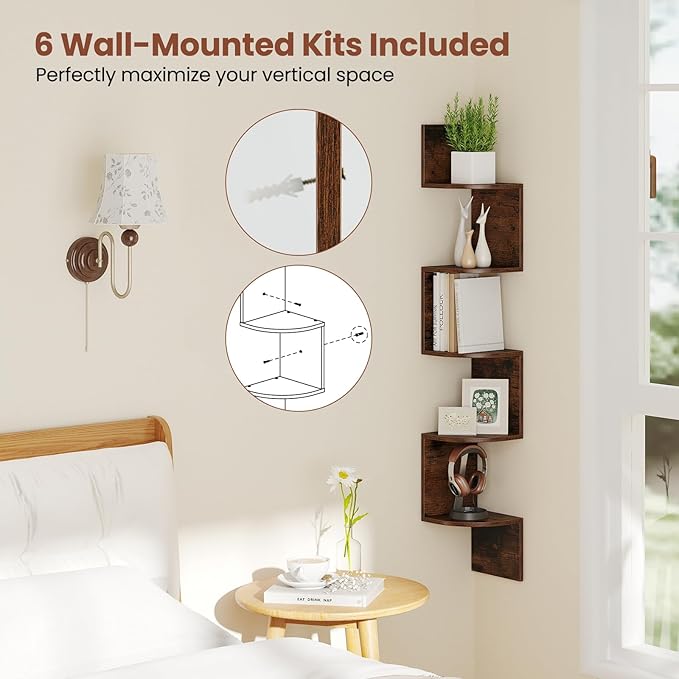 Giantex Corner Shelf Wall Mounted Set of 2, 5-Tier Floating Corner Bookshelf, Home Storage Organizer, Wooden Display Stand Rack for Wall, Plant Shelf for Living Room, Bedroom, Kitchen, Rustic Brown