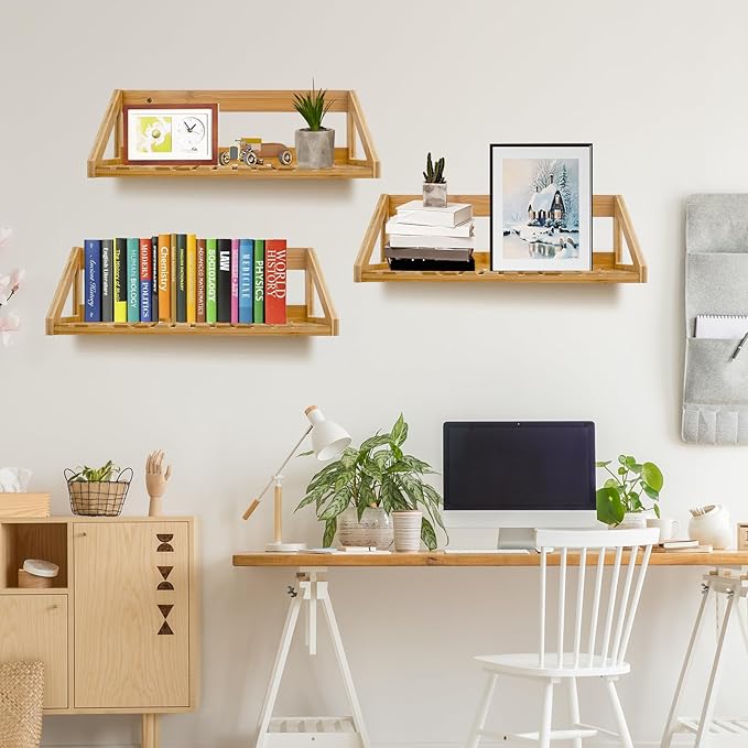 Floating Shelves Wall Mounted, 3 Pcs Solid Bamboo Wall Hanging Rack Holder, Wall Storage Shelves for Bedroom, Living Room, Bathroom, Kitchen, Office Decor