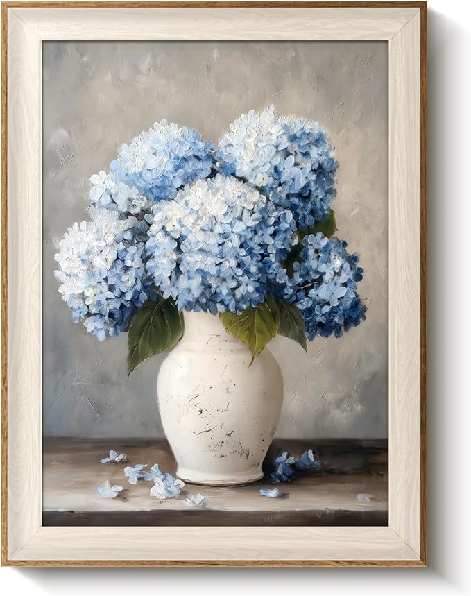 VIYYIEA Vintage Framed Wall Art for Living Room, Blue Hydrangea Canvas Prints, Oil Painting Home Decor, Flowers Picture, Bathroom Wall Decor Gifts for Friends or Family - 16L x 12W