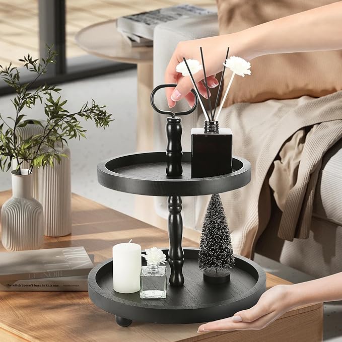 Wooden Two Tiered Tray Stand, Farmhouse Round 2 Tier Decorative Tray for Home Kitchen Table Decor, Serving Tray for Coffee Bar Party Weddding Holiday Decorations Fruits and Cupcake Display (Black)