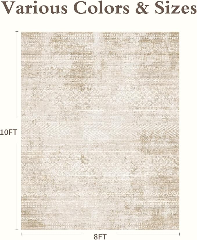 8x10 Area Rugs for Living Room Non Slip Machine Washable Rug Distressed Abstract Soft Indoor Carpet Neutral Boho Rug for Bedroom Dining Room Playroom Office, Beige
